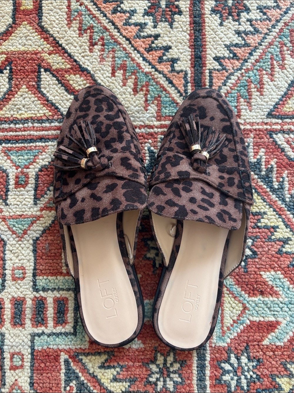 LOFT Outlet Suede Leopard Print Tassel Mules Size 8
